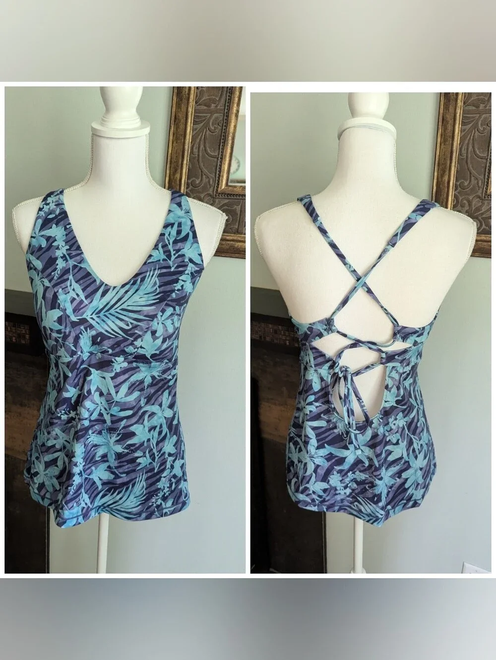 Athleta Women's XL Triangle Printed Tankini Top Tigerlily Blue Floral Strap Back